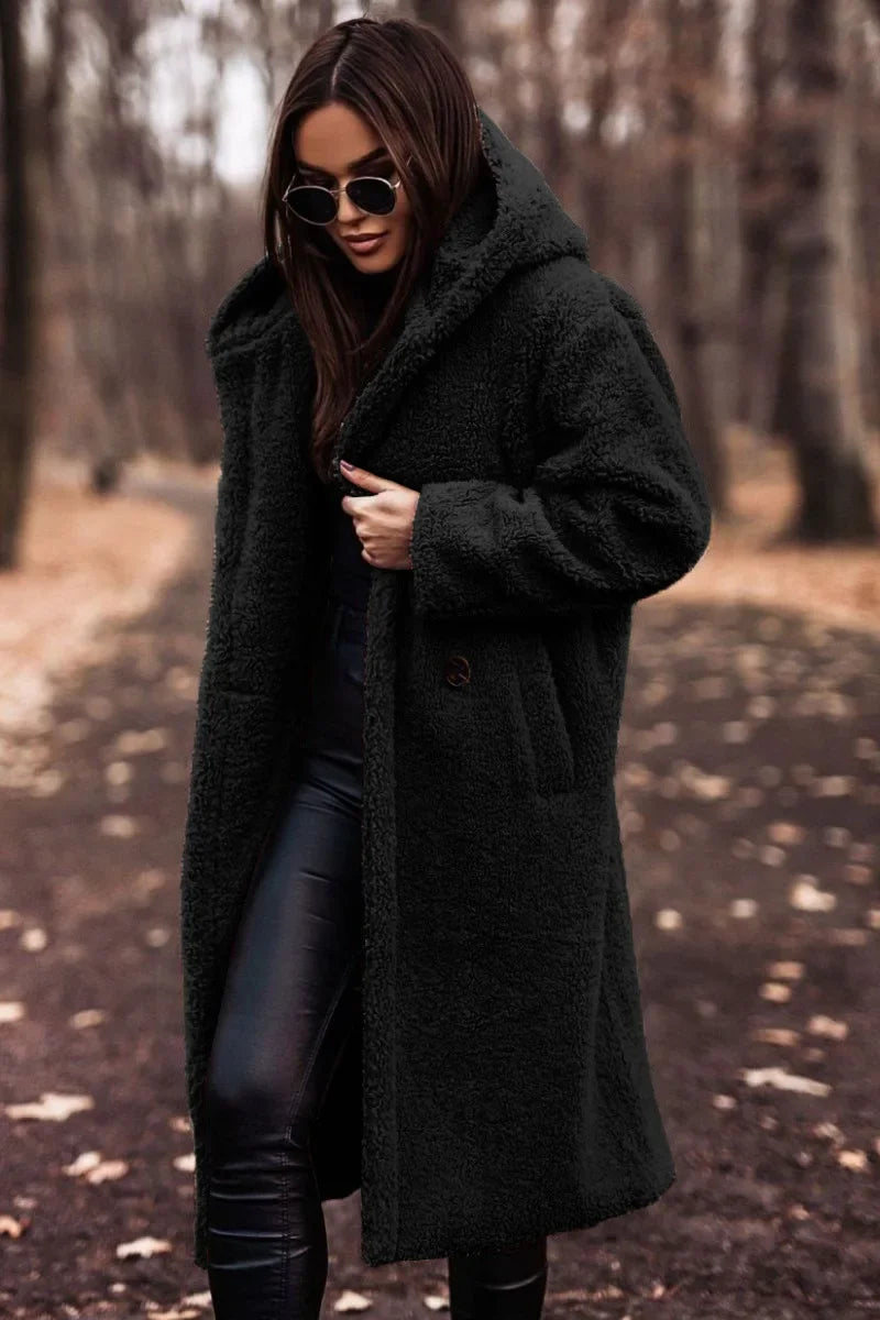 SUENTA Damen Winter Mantel Kapuze Weich Langer Mantel Silhouette - Winterjacke Damen Schwarz