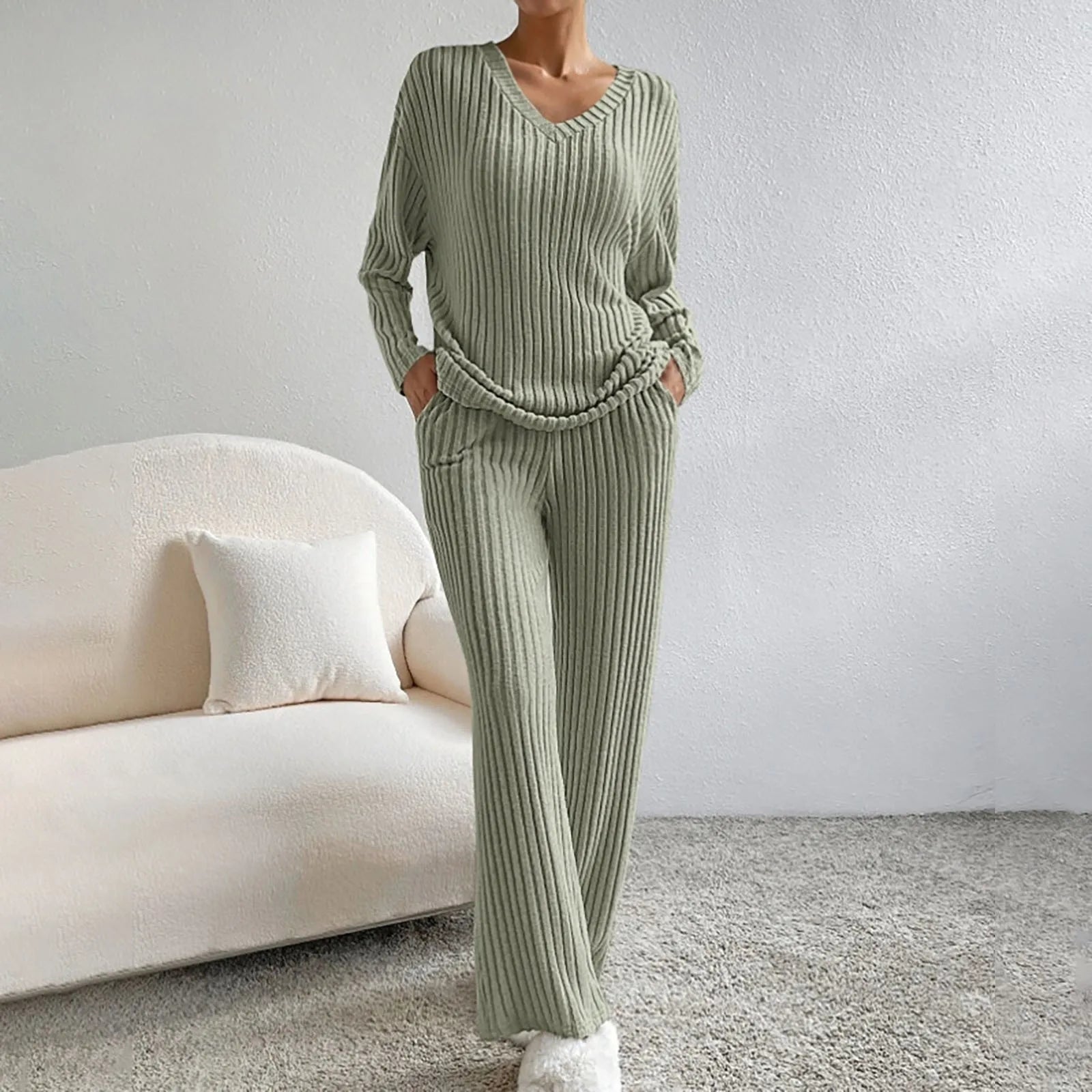 SUENTA Damen Lounge Set – Zweiteiliges Geripptes Sweater- und Hosen-Set Olivgrün