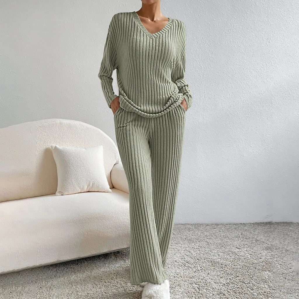 SUENTA Damen Lounge Set – Zweiteiliges Geripptes Sweater- und Hosen-Set Olivgrün