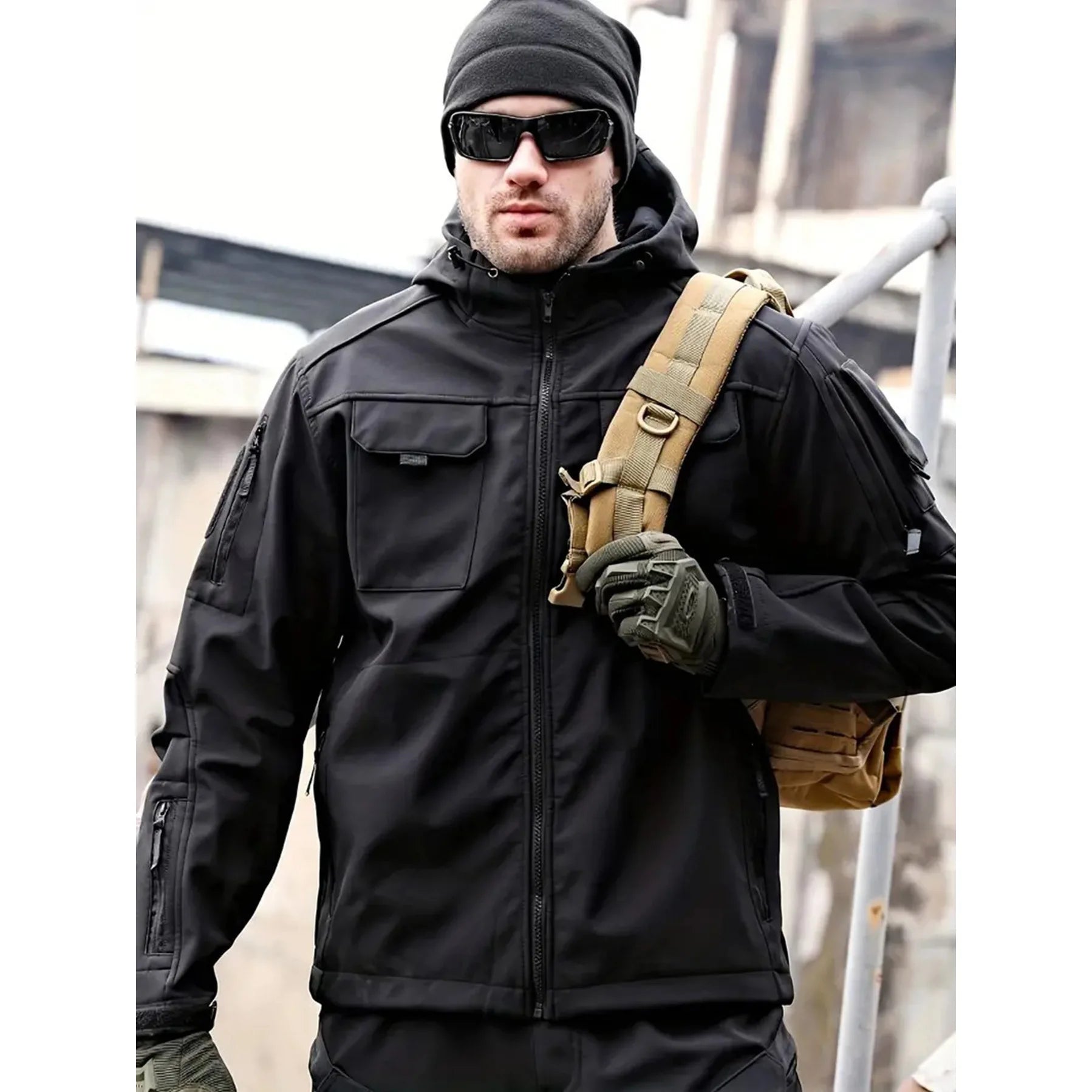 SUENTA Herren Mehreren Taschen Softshell Jacke Mit Kapuze