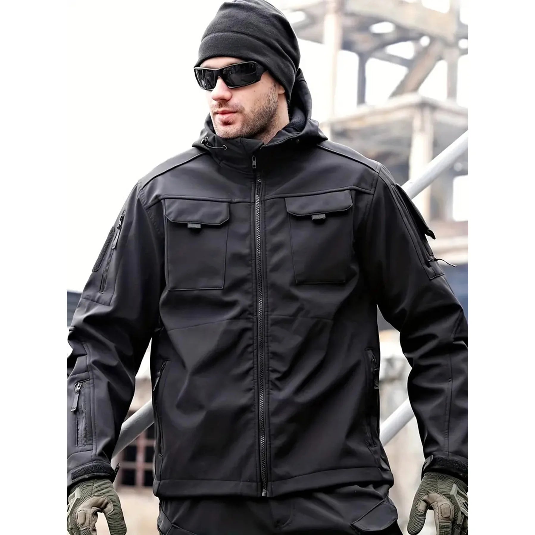 SUENTA Herren Mehreren Taschen Softshell Jacke Mit Kapuze