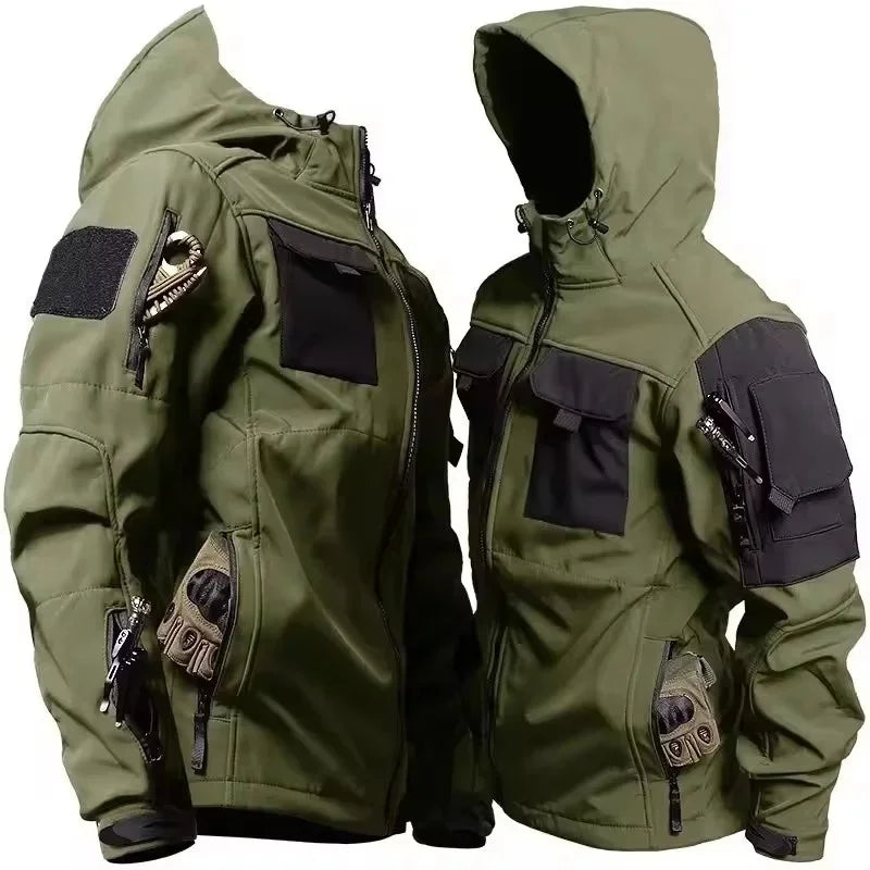 SUENTA Herren Softshell Jacke mit Kapuze Wind und Wetter Taschen Armeegrün