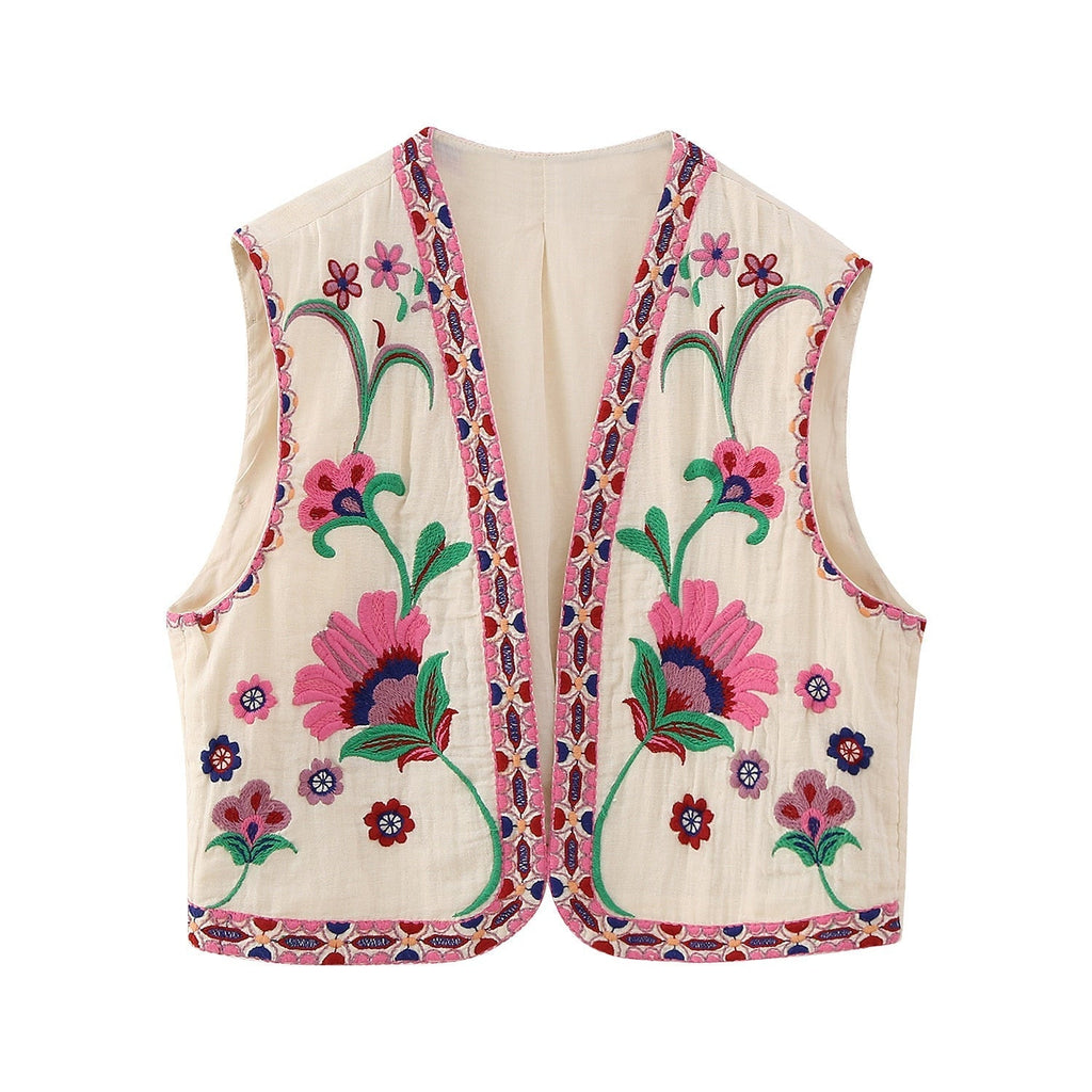 SUENTA Damen Weste Vintage Blumenbestickte Blumenstickerei Rosa