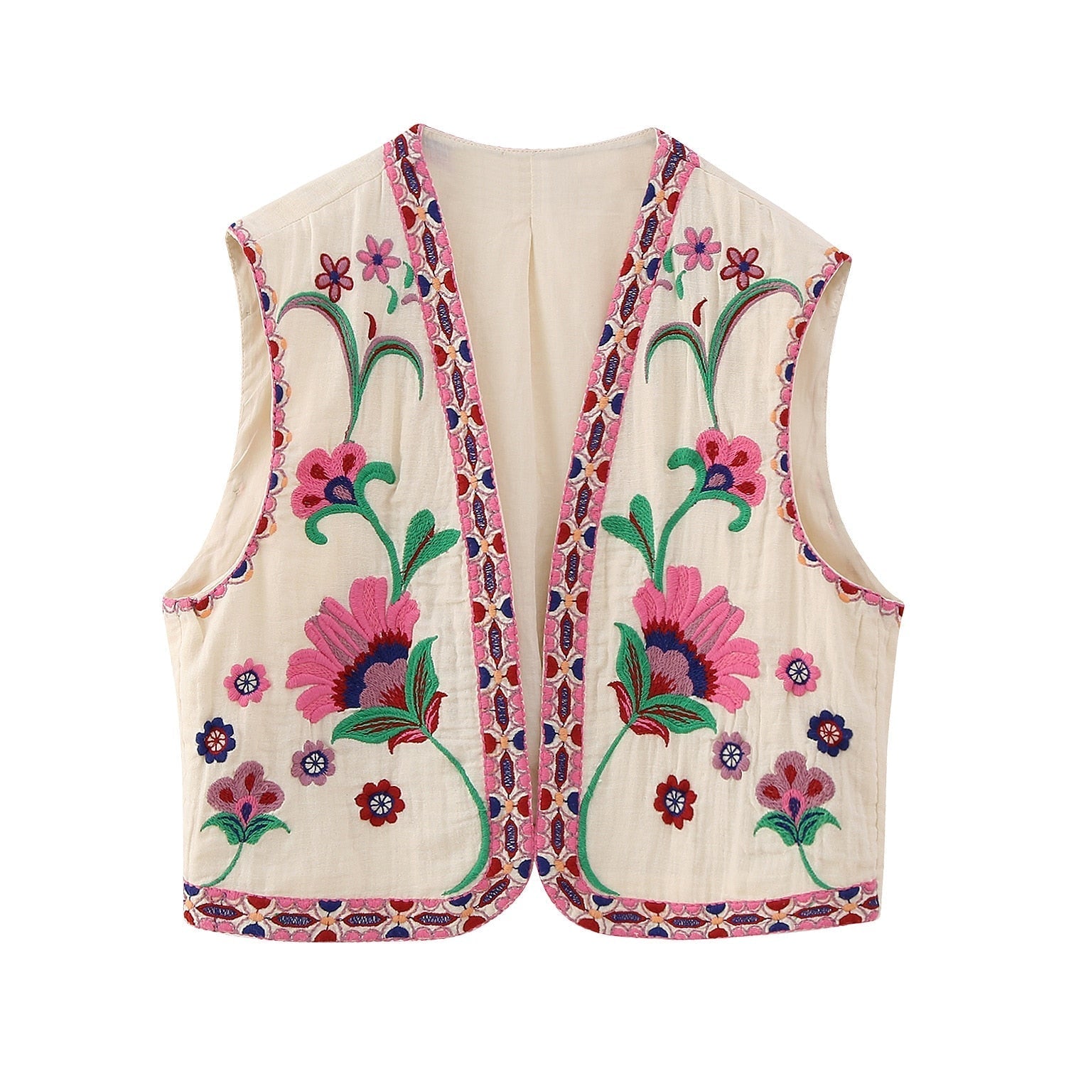SUENTA Damen Weste Vintage Blumenbestickte Blumenstickerei Rosa