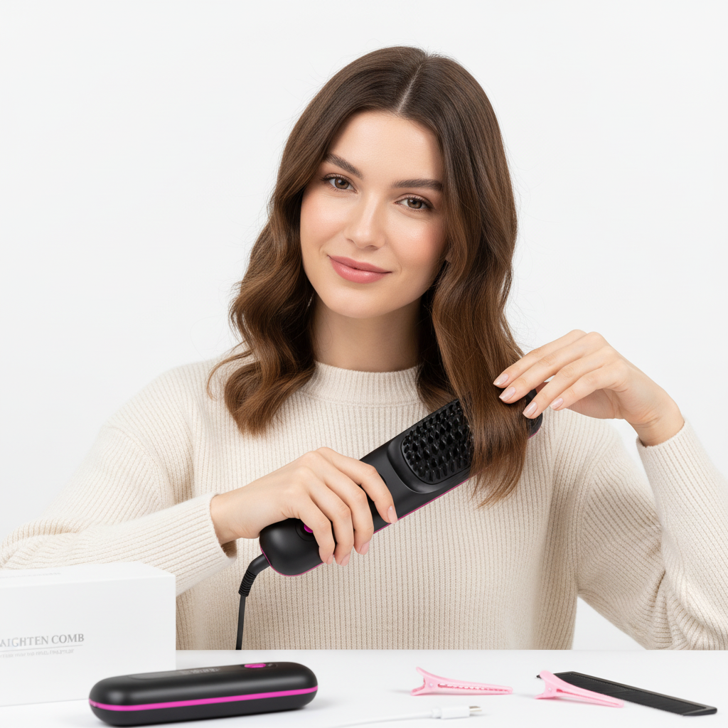 SUENTA Cordless Hair Straightener Brush with LED Display - Portable USB Rechargeable Ceramic Heated Straightening Comb with Anti-Scald Negative Ionic Technology