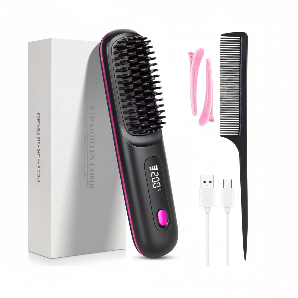 SUENTA Cordless Hair Straightener Brush with LED Display - Portable USB Rechargeable Ceramic Heated Straightening Comb with Anti-Scald Negative Ionic Technology black