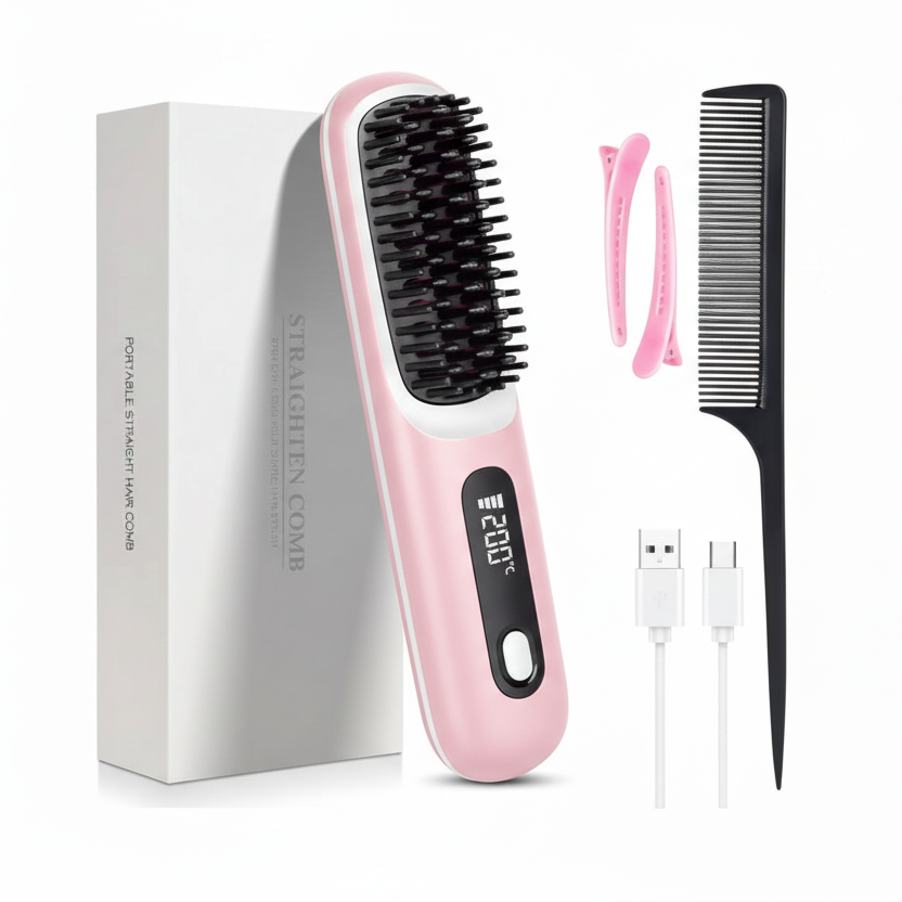 SUENTA Cordless Hair Straightener Brush with LED Display - Portable USB Rechargeable Ceramic Heated Straightening Comb with Anti-Scald Negative Ionic Technology pink