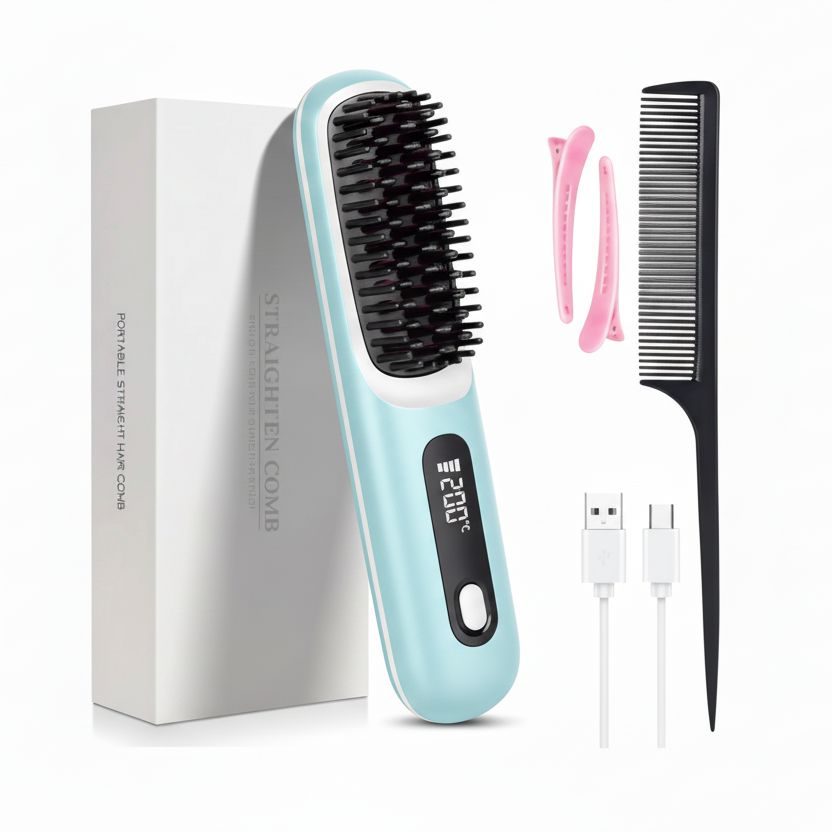 SUENTA Cordless Hair Straightener Brush with LED Display - Portable USB Rechargeable Ceramic Heated Straightening Comb with Anti-Scald Negative Ionic Technology blue