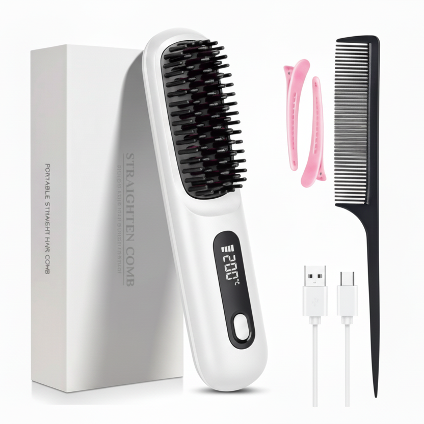 SUENTA Cordless Hair Straightener Brush with LED Display - Portable USB Rechargeable Ceramic Heated Straightening Comb with Anti-Scald Negative Ionic Technology white