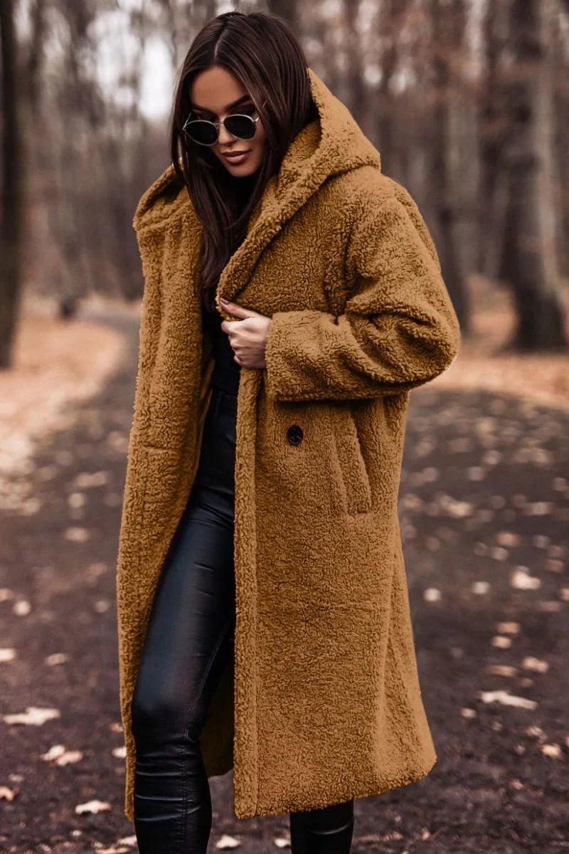 SUENTA Damen Winter Mantel Kapuze Weich Langer Mantel Silhouette - Winterjacke Damen Gelb Braun