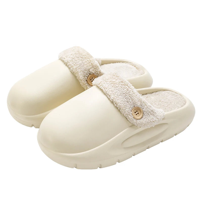 SUENTA Waterproof Winter Plush Slippers for Women & Men - Warm Thermal House Shoes with Detachable Fleece Lining & Anti-Slip Rubber Sole Beige