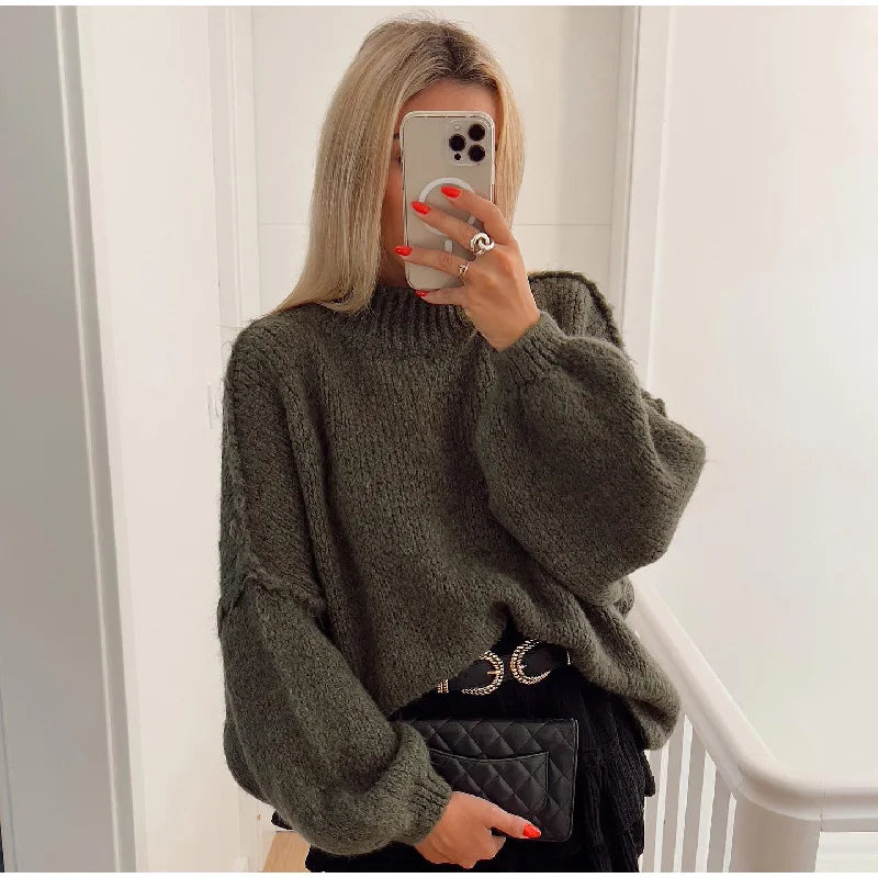 SUENTA Damen Flauschiger Oversize Strickpullover Weichen Warmen Grün
