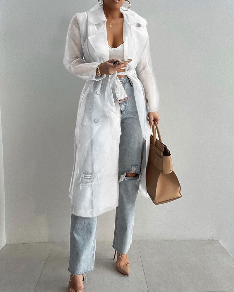 SUENTA Damen Trenchcoat Carmen Leichter Stoff Stil Klar Eleganz Weiß