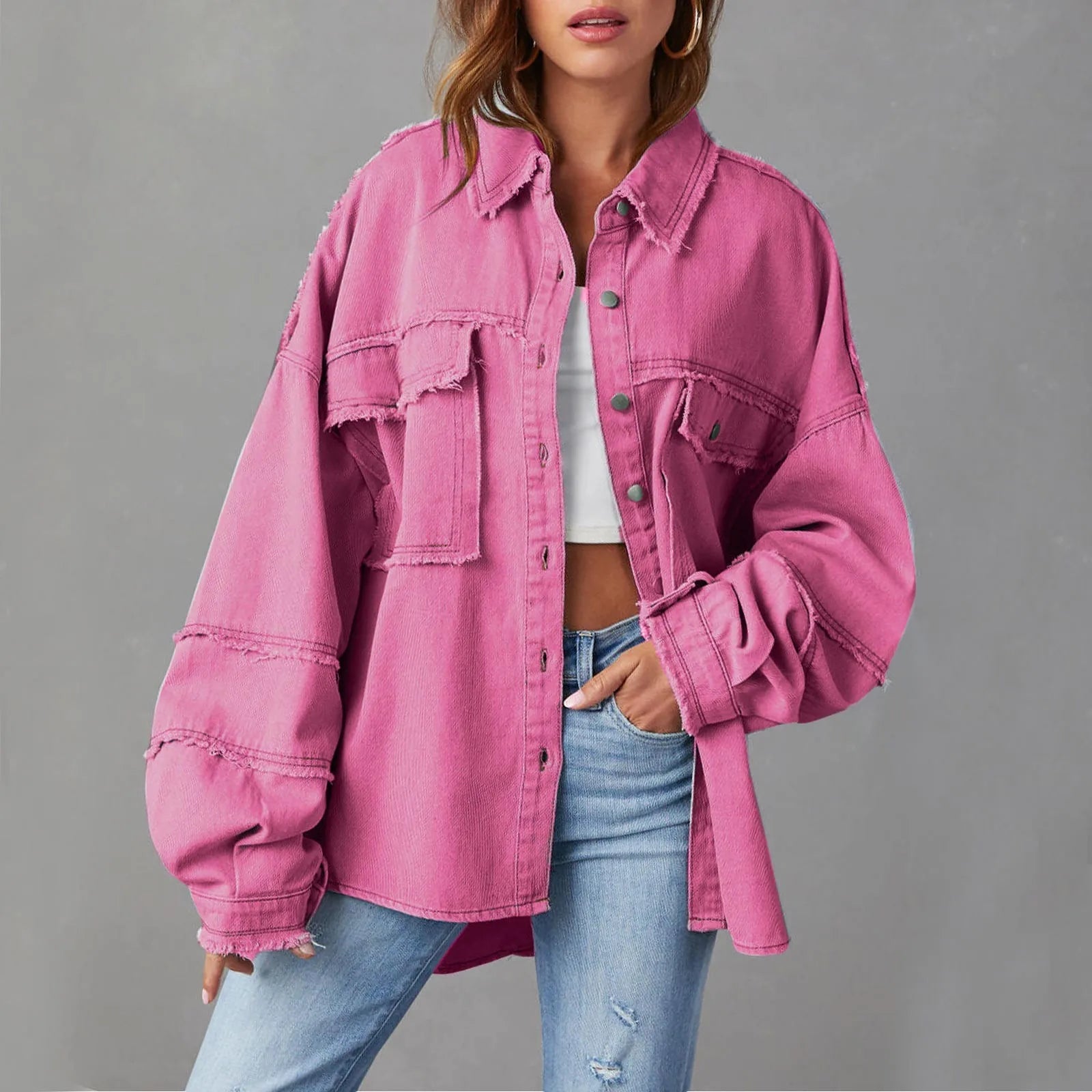 SUENTA Damen Weite Jeansjacke Aus Baumwolle Vibrant Denim Rosa