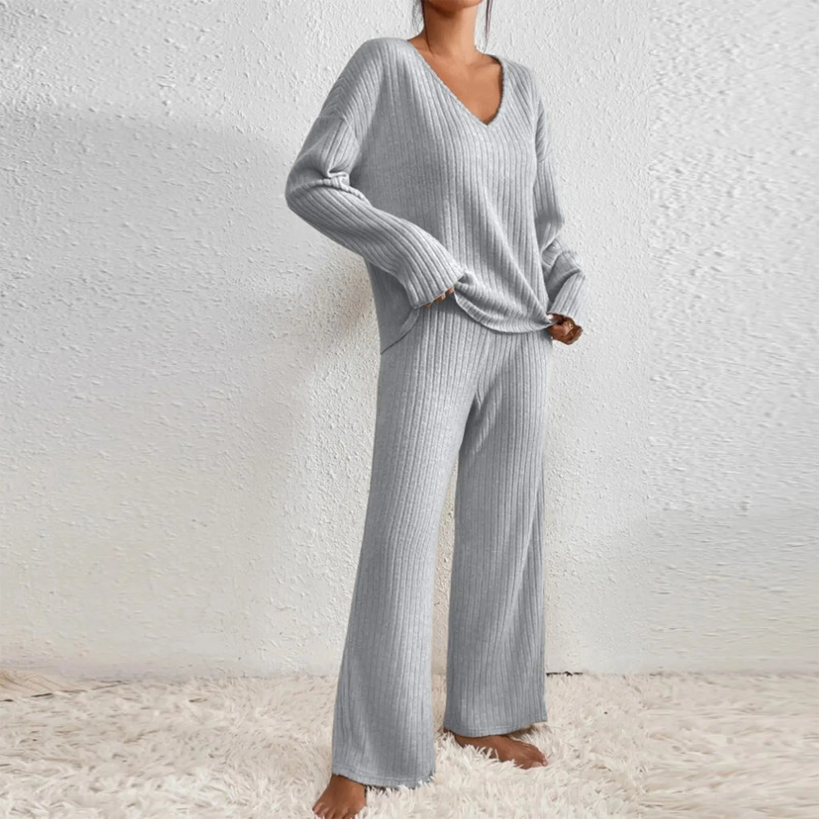 SUENTA Damen Lounge Set – Zweiteiliges Geripptes Sweater- und Hosen-Set
