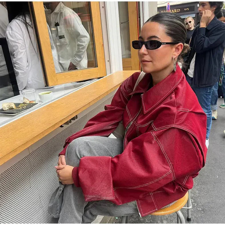 SUENTA Damen Rote Oversize Jacke Leder Strahlender Stil Mode Statement