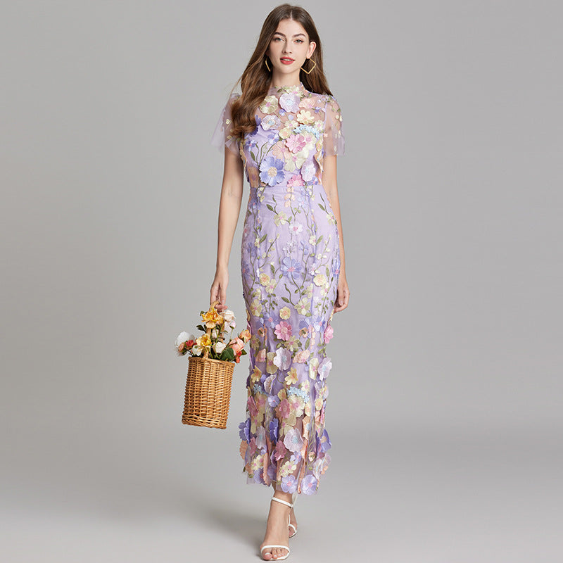 SUENTA Damen Maxi Kleid – Elegantes Ärmelloses Besticktes Kleid Lila