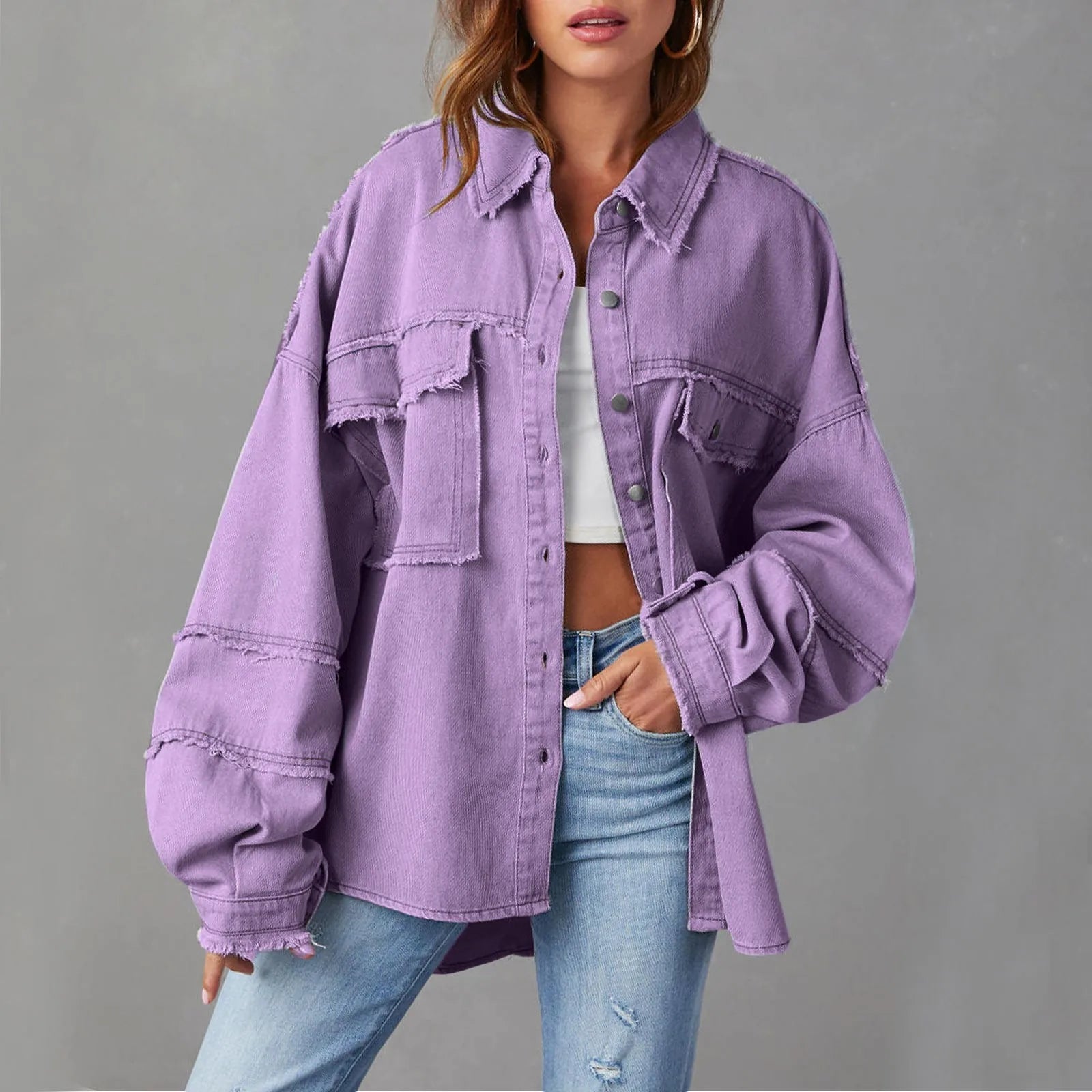 SUENTA Damen Weite Jeansjacke Aus Baumwolle Vibrant Denim Lila