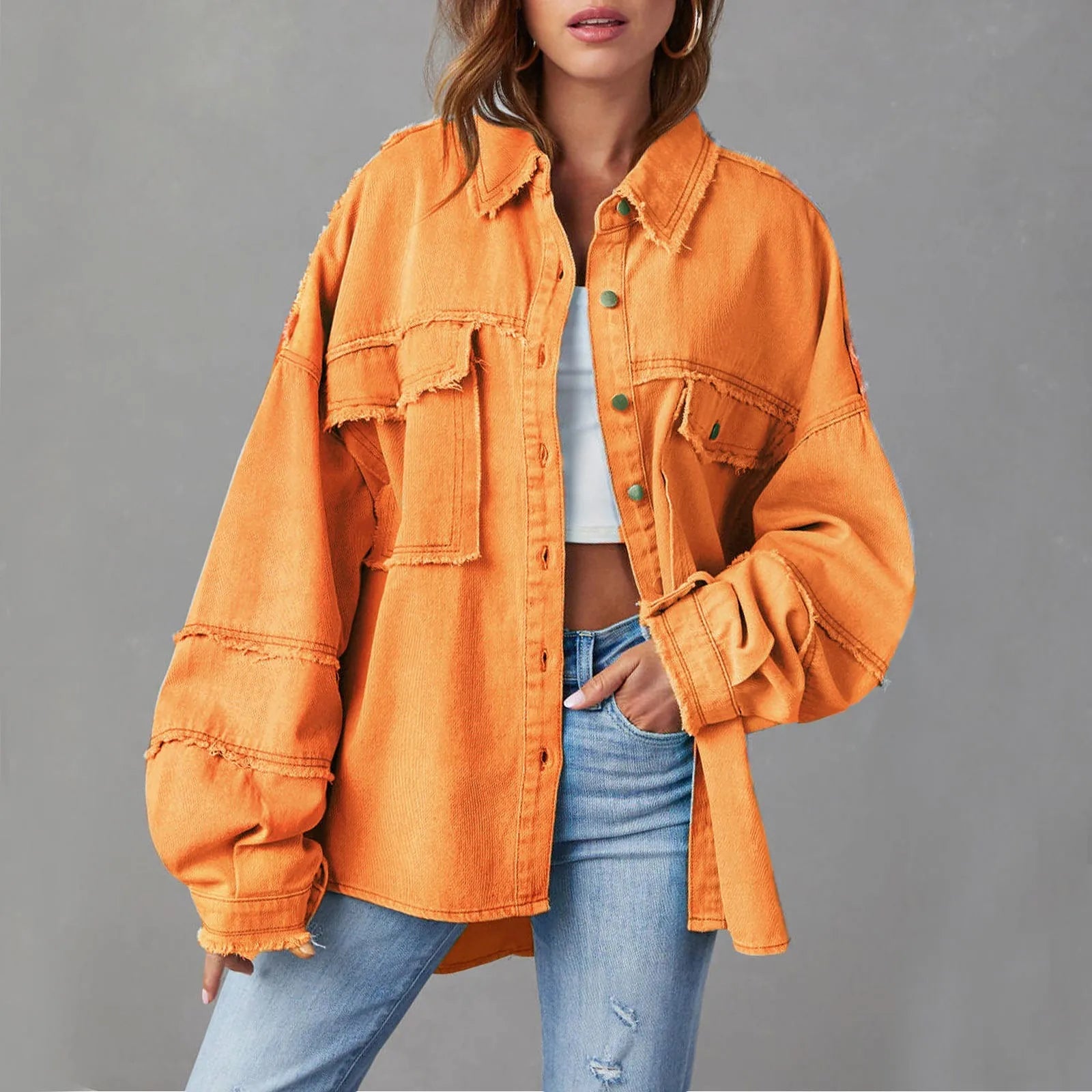 SUENTA Damen Weite Jeansjacke Aus Baumwolle Vibrant Denim Orange