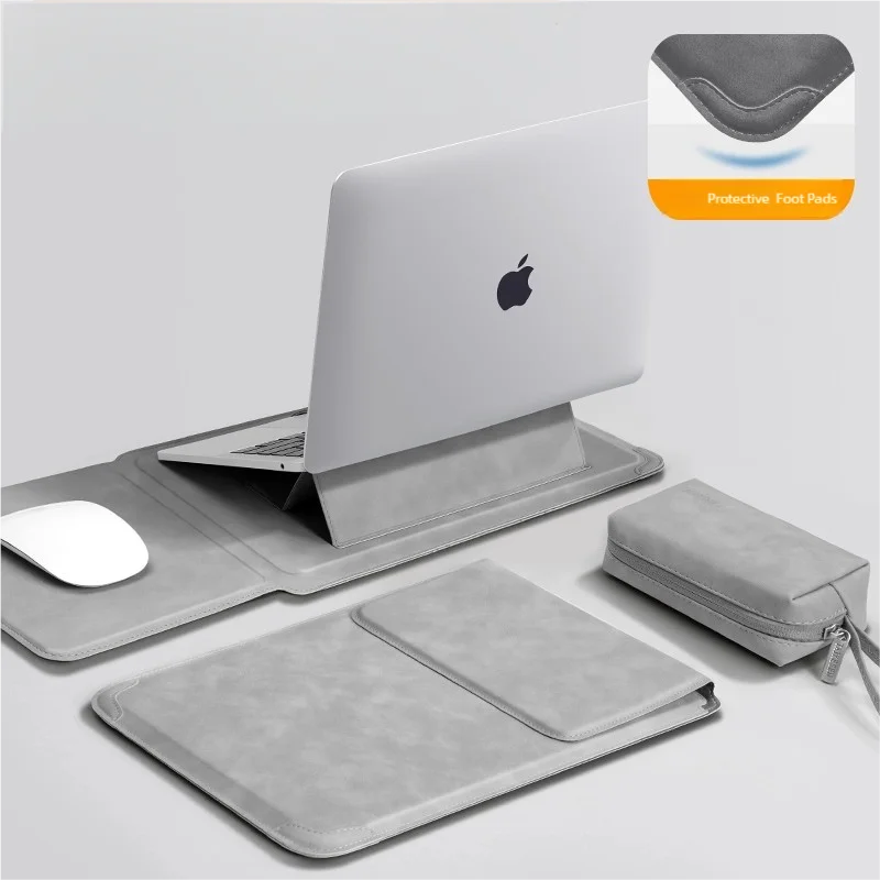 SUENTA Laptop Sleeve Case with Ergonomic Foldable Stand for MacBook Air Pro 13 13.6 M4, HP, Dell, Huawei - Waterproof Slim Notebook Cover 13 14 15 15.6 16 Inch Light grey Set