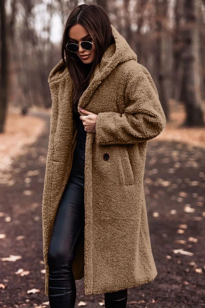 SUENTA Damen Winter Mantel Kapuze Weich Langer Mantel Silhouette - Winterjacke Damen Camel