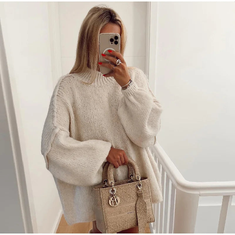 SUENTA Damen Flauschiger Oversize Strickpullover Weichen Warmen Weiß
