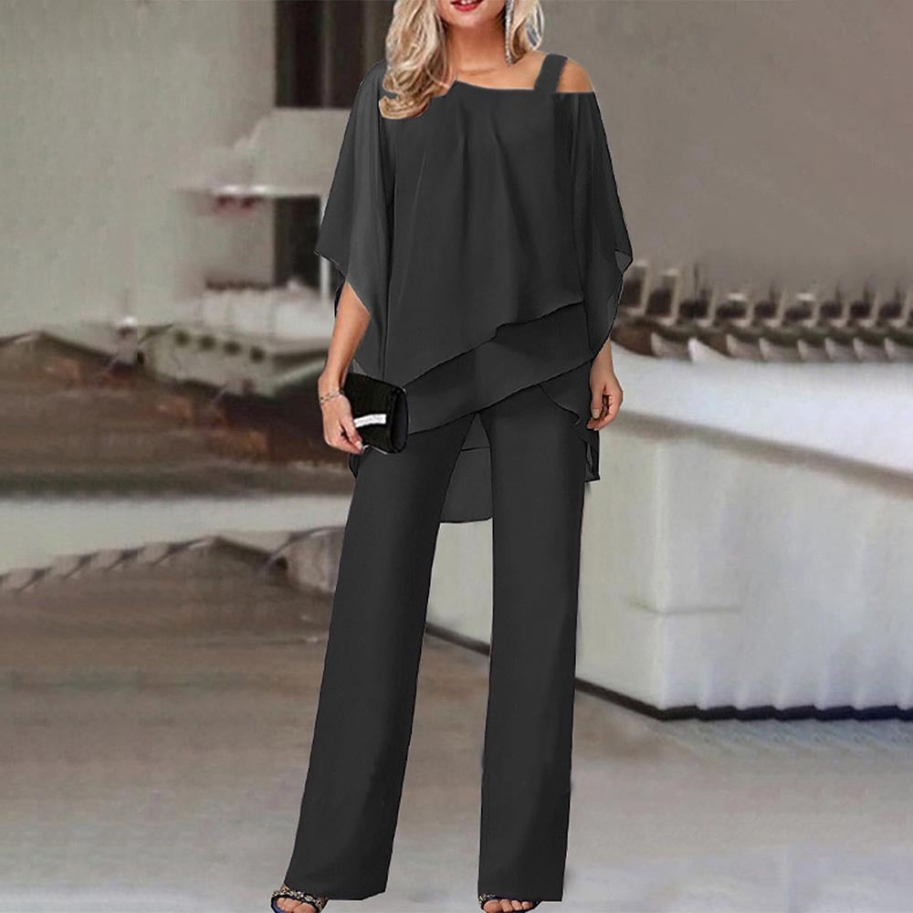 SUENTA Damen Zweiteiler Set – Elegantes Cold-Shoulder Outfit mit Langer Hose Schwarz