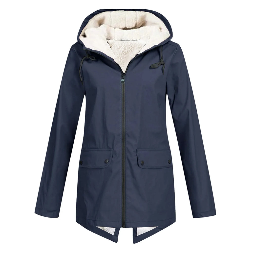 SUENTA Damen Winter Wasserdichter Trenchcoat Mit Kapuze Taschen Marineblau
