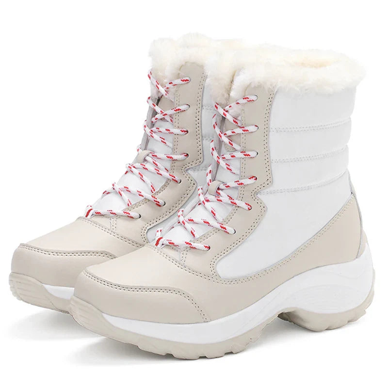 SUENTA Damen Plateau-Schneestiefel Schnürung Hohe Sohle Winteralltag - Winterstiefel Weiß