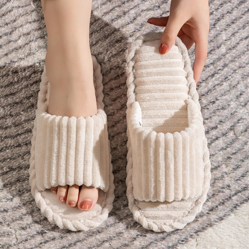 SUENTA Unisex Hausschuhe Mit Offenen Zehen Streifenmuster Wärme Beige
