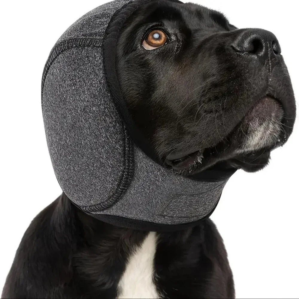 SUENTA Dog Noise Cancelling Ear Muffs & Waterproof Swimming Cap - Soundproof Anxiety Relief Snood, Calming Pet Headgear for Fireworks, Grooming & Thunder grey