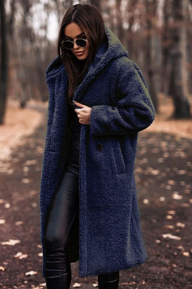 SUENTA Damen Winter Mantel Kapuze Weich Langer Mantel Silhouette - Winterjacke Damen Dunkel Blau