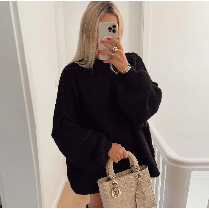 SUENTA Damen Flauschiger Oversize Strickpullover Weichen Warmen Schwarz