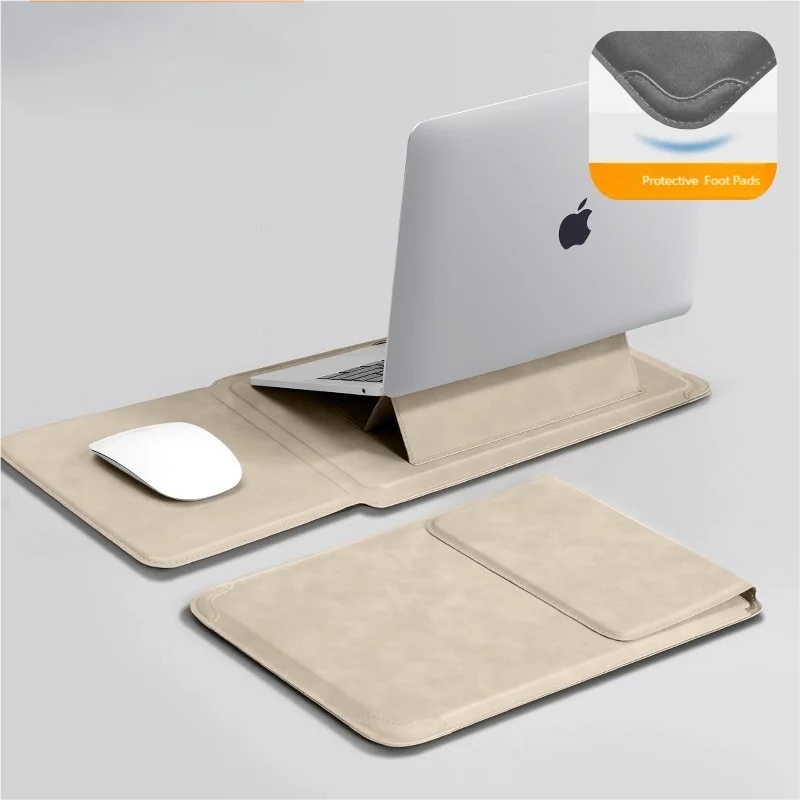 SUENTA Laptop Sleeve Case with Ergonomic Foldable Stand for MacBook Air Pro 13 13.6 M4, HP, Dell, Huawei - Waterproof Slim Notebook Cover 13 14 15 15.6 16 Inch khaki