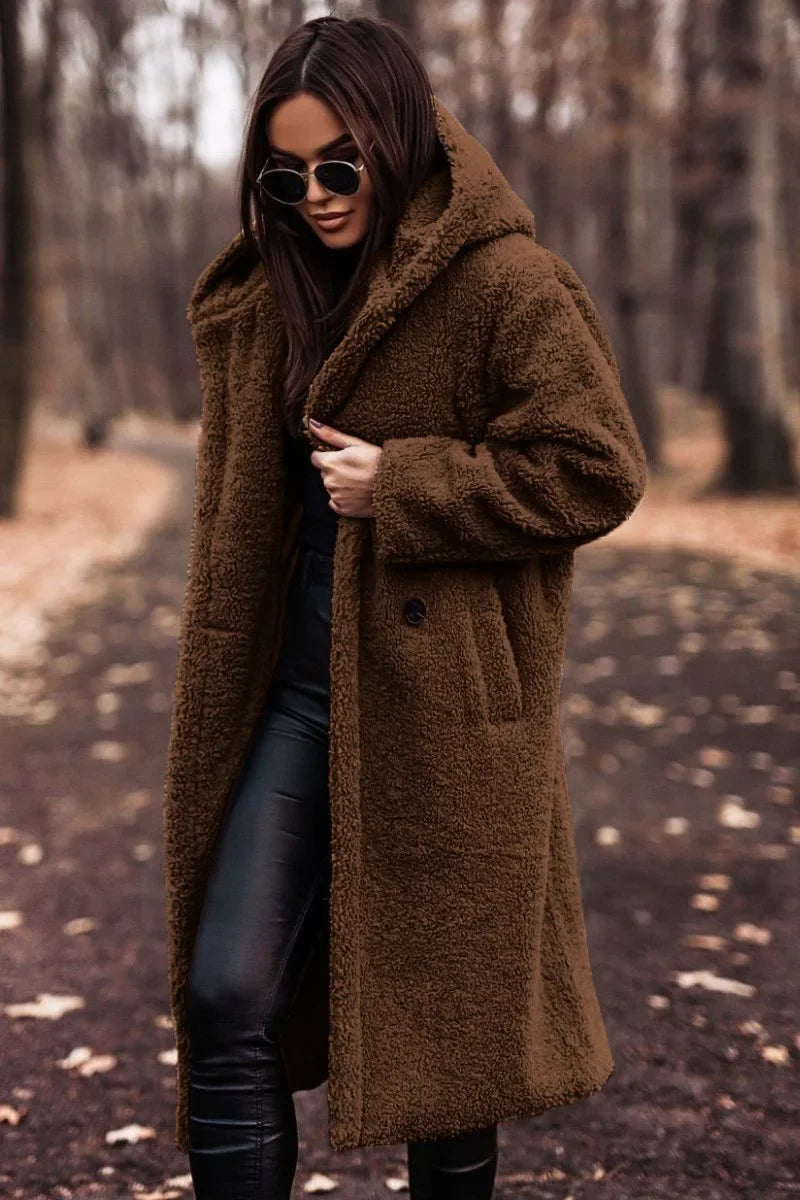 SUENTA Damen Winter Mantel Kapuze Weich Langer Mantel Silhouette - Winterjacke Damen Dunkel Braun