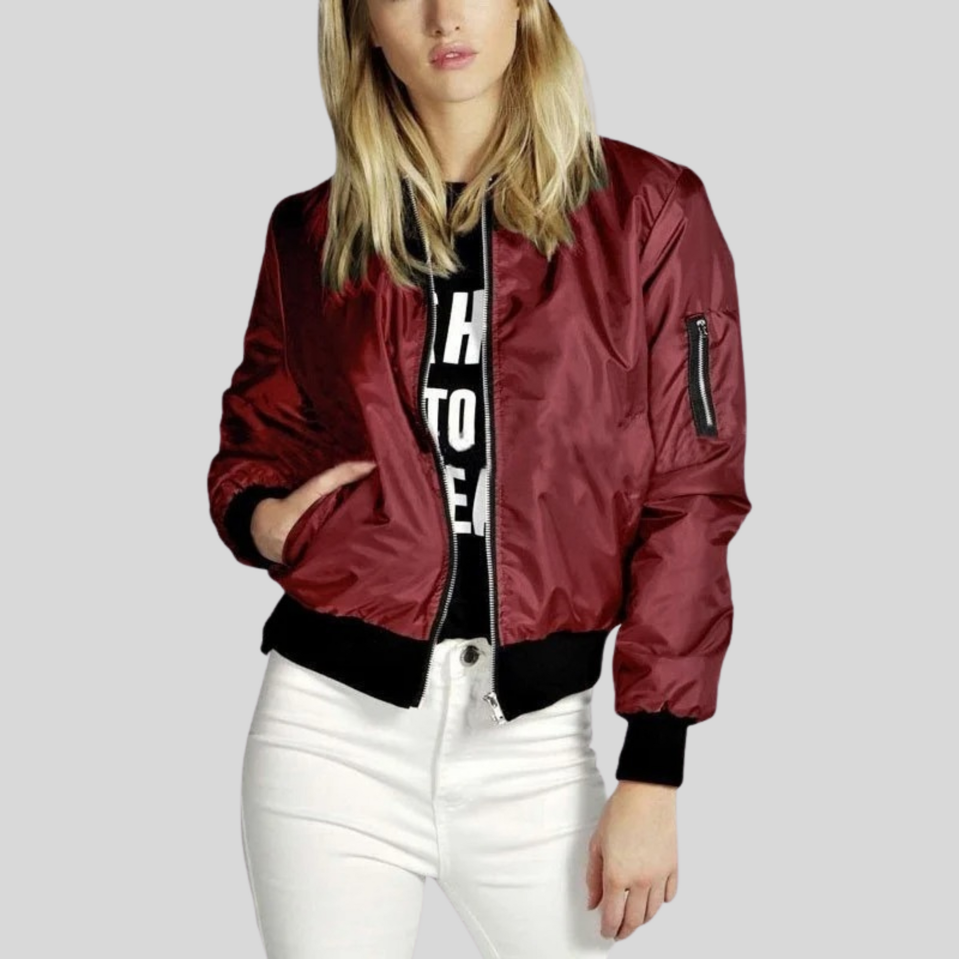 SUENTA Damen Bomber Übergangsjacke Langarm Rundhalsausschnitt Rot