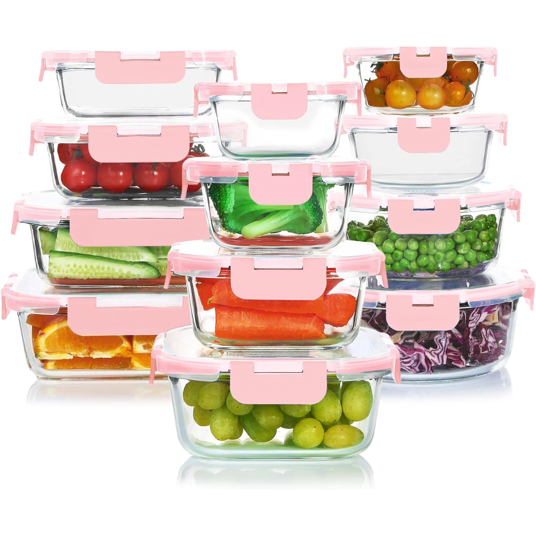 SUENTA 24 Teiliges Luftdichtes Glas Vorratsdosen Set Für Küche Rosa