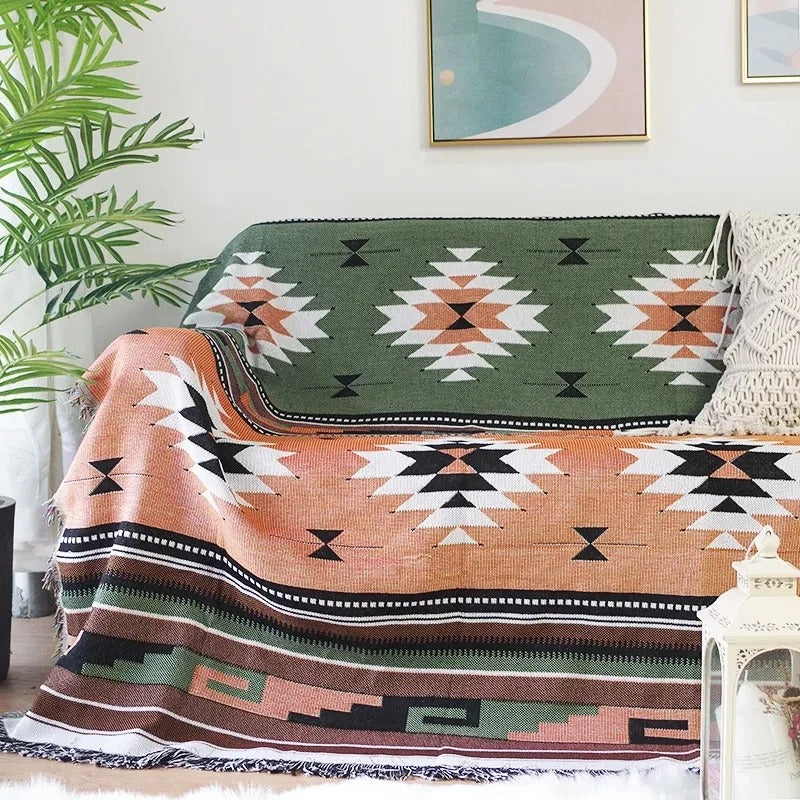 SUENTA Atmungsaktive Wurfdecke aus Jacquard mit Fransen – Bunt und Langlebig