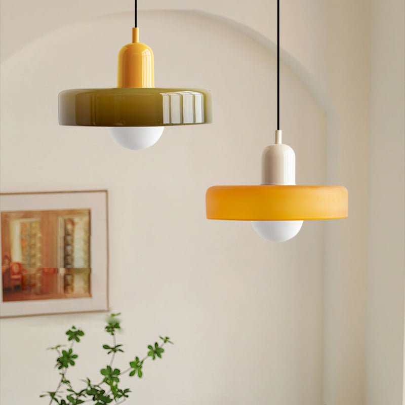 SUENTA Bauhaus Hängeleuchte aus Buntglas für Esstisch – Modernes Design Grün Gelb 25 x 18 cm