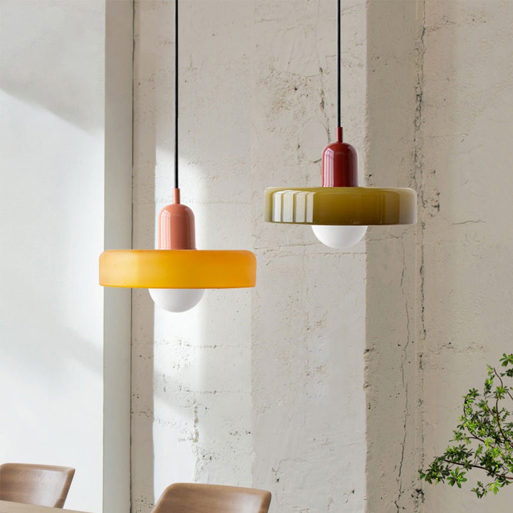 SUENTA Bauhaus Hängeleuchte aus Buntglas für Esstisch – Modernes Design Grün Rosa 25 x 18 cm