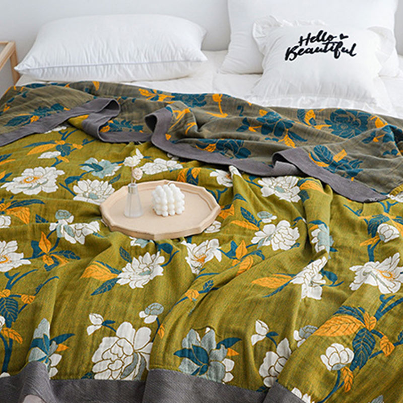 SUENTA Baumwolldecke Olivenblumen Muster Jacquard Zweilagig Weich