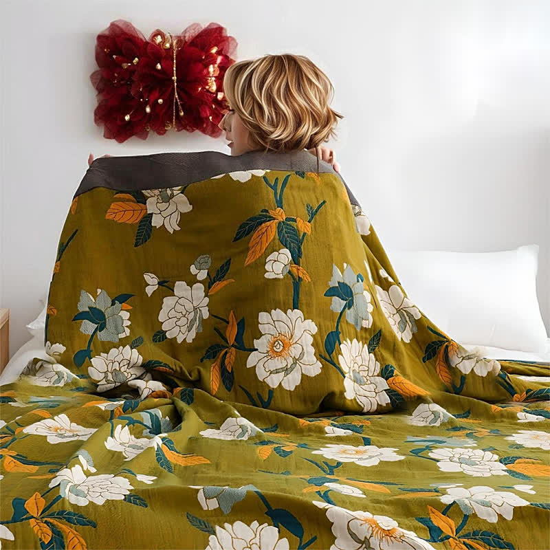 SUENTA Baumwolldecke Olivenblumen Muster Jacquard Zweilagig Weich