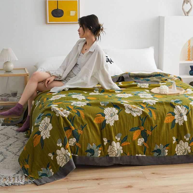 SUENTA Baumwolldecke Olivenblumen Muster Jacquard Zweilagig Weich