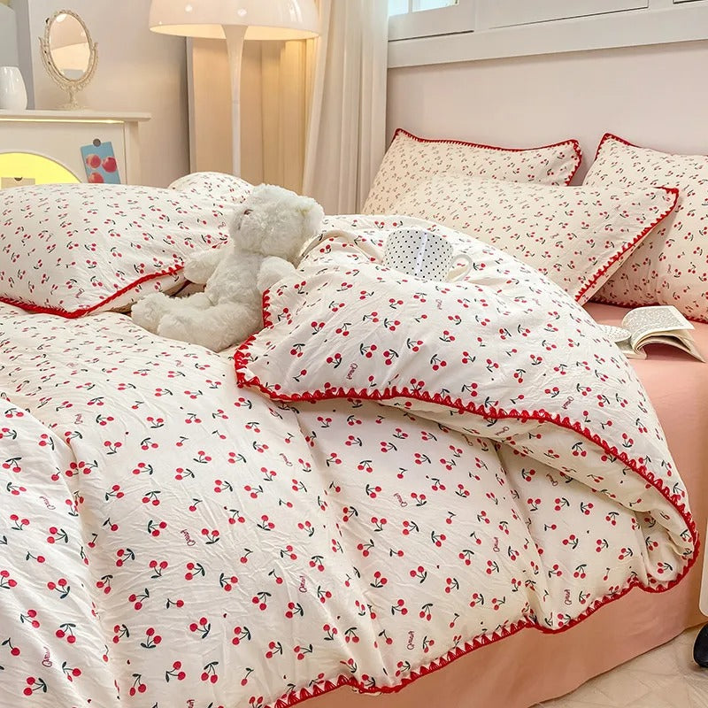SUENTA Bettwäsche Set Mit Kirschblüten Und Erdbeeren 4 Teilig Kirsche