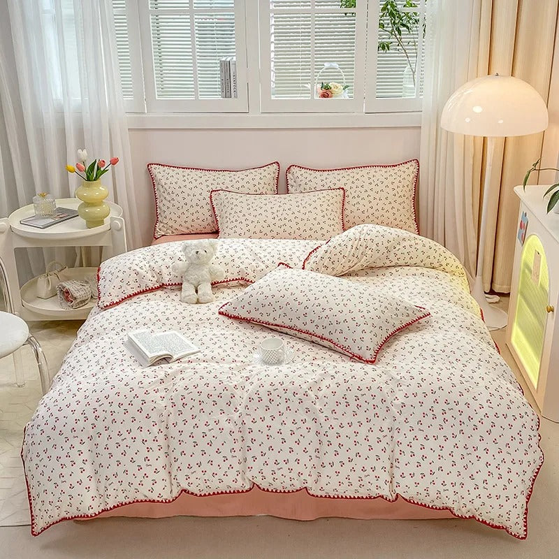 SUENTA Bettwäsche Set Mit Kirschblüten Und Erdbeeren 4 Teilig