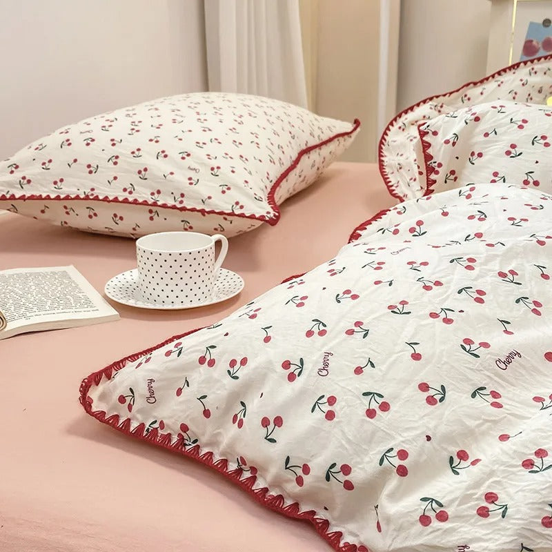 SUENTA Bettwäsche Set Mit Kirschblüten Und Erdbeeren 4 Teilig