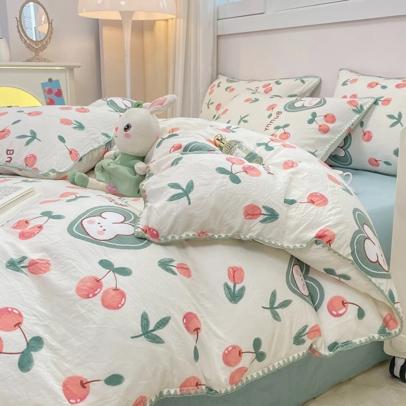 SUENTA Bettwäsche Set Mit Kirschblüten Und Erdbeeren 4 Teilig Kirsche & Hase