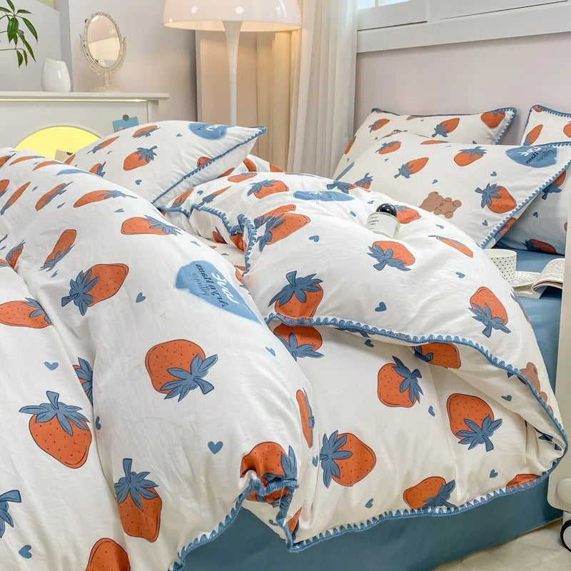 SUENTA Bettwäsche Set Mit Kirschblüten Und Erdbeeren 4 Teilig Erdbeere