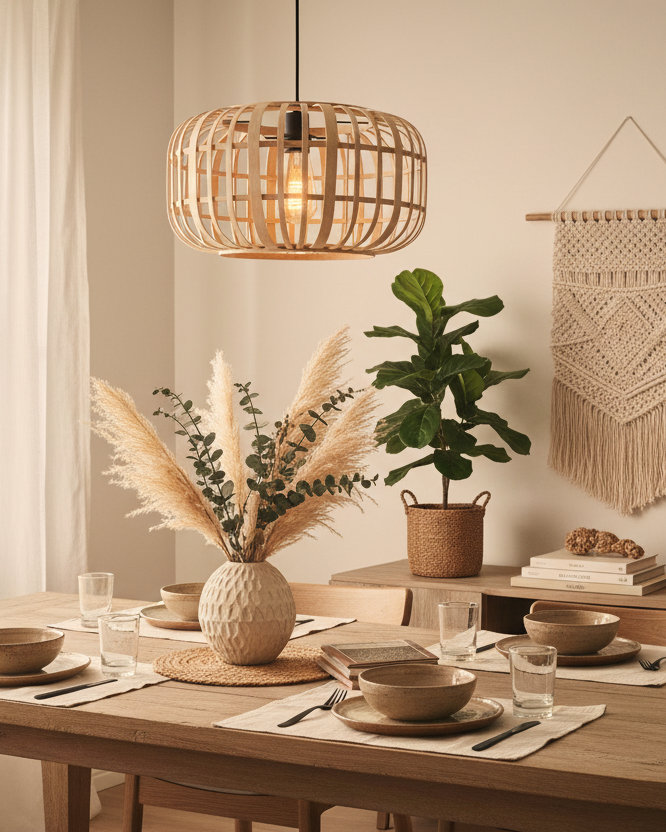 SUENTA Bohemian Pendelleuchte aus Bambus 40 cm – Hängelampe für Esstisch