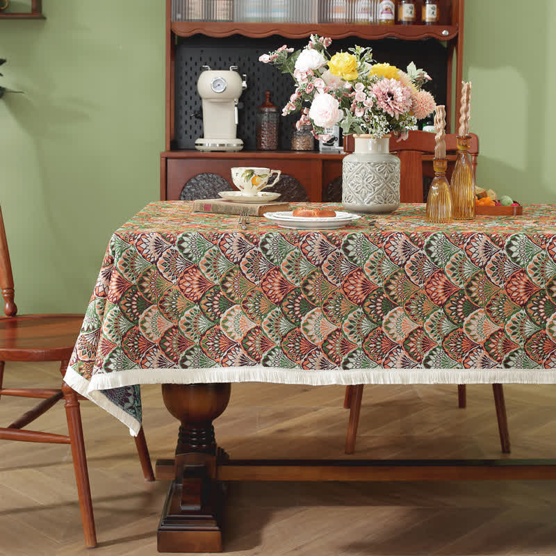 SUENTA Boho Tischdecke Waschbar Schmutzabweisend Für Wohnzimmer Dunkelgrün & Korallenorange